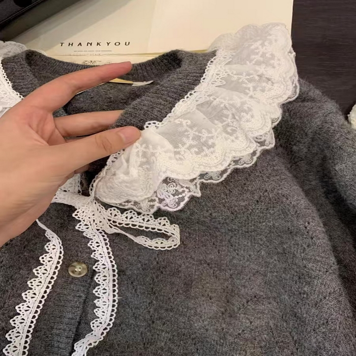 91家纺网 家纺一手货源 找家纺 （总）洛兰沙家居馆 只代发小香风毛衣女春秋慵懒可爱甜美蕾丝圆领针织开衫短款外套温柔上衣