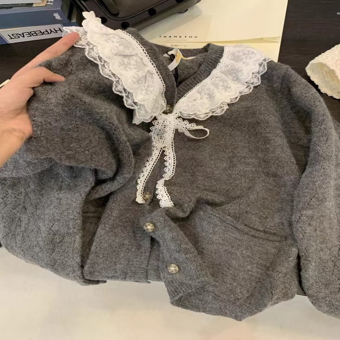 91家纺网 家纺一手货源 找家纺 （总）洛兰沙家居馆 只代发小香风毛衣女春秋慵懒可爱甜美蕾丝圆领针织开衫短款外套温柔上衣