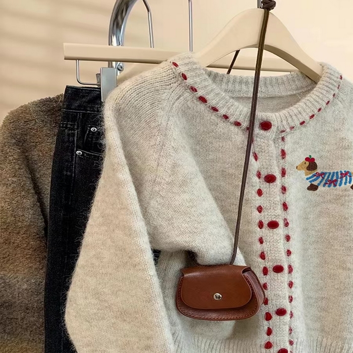 91家纺网 家纺一手货源 找家纺 （总）洛兰沙家居馆 只代发彩豆毛衣女春秋慵懒可爱甜美蕾丝圆领针织开衫短款外套温柔上衣