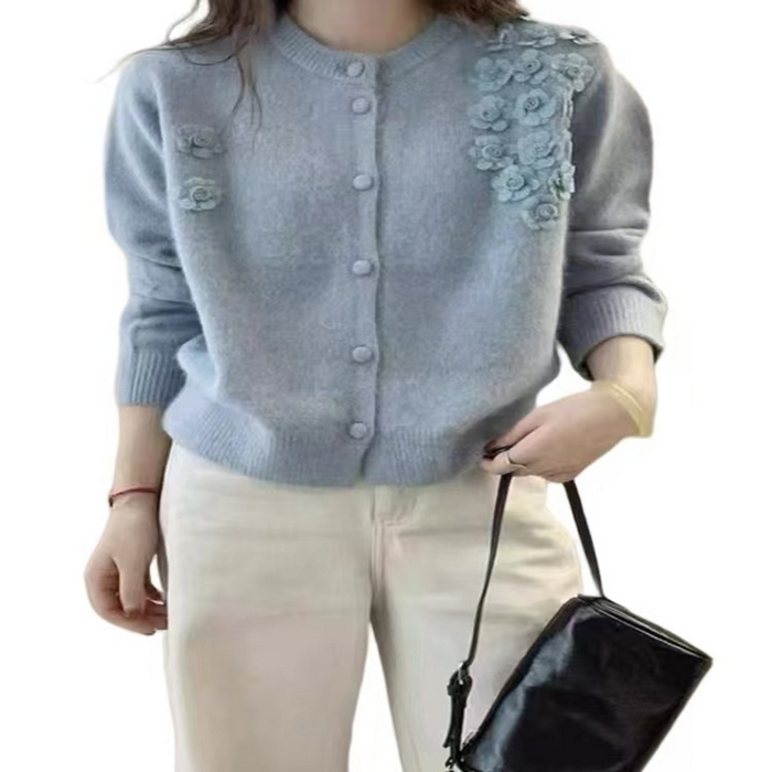 91家纺网 家纺一手货源 找家纺 （总）洛兰沙家居馆 只代发欧洲站2025秋季新淑女款毛衣外套重工立体花朵单排扣宽松软糯针织开衫