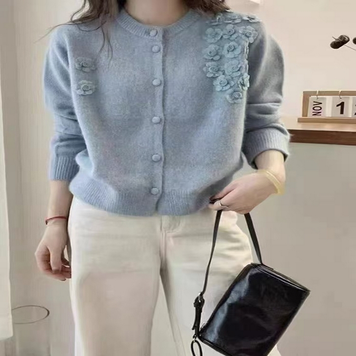 91家纺网 家纺一手货源 找家纺 （总）洛兰沙家居馆 只代发欧洲站2025秋季新淑女款毛衣外套重工立体花朵单排扣宽松软糯针织开衫