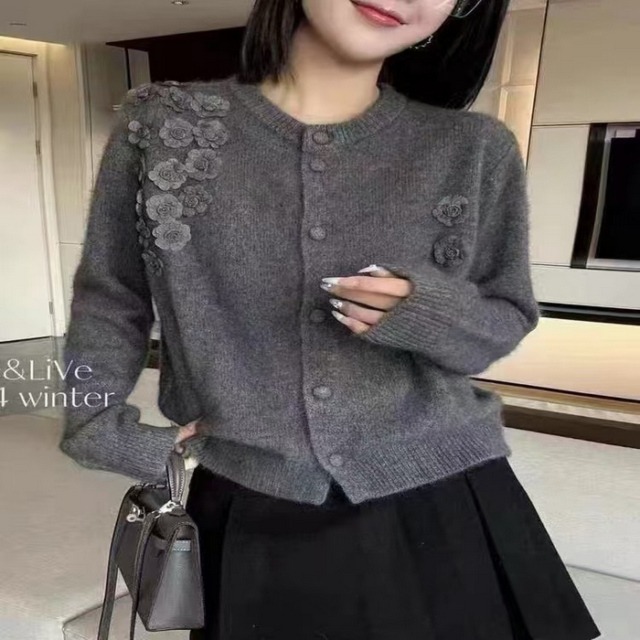 91家纺网 家纺一手货源 找家纺 （总）洛兰沙家居馆 只代发欧洲站2025秋季新淑女款毛衣外套重工立体花朵单排扣宽松软糯针织开衫