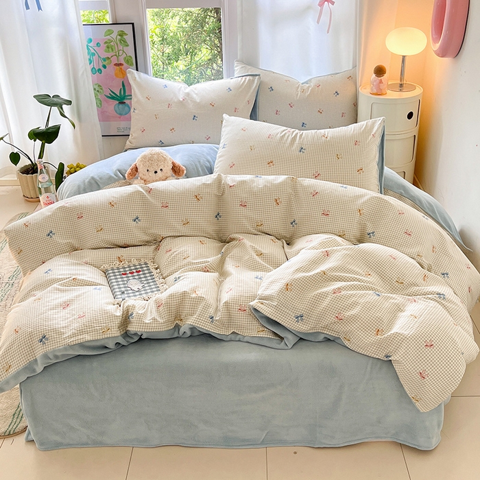 91家纺网 家纺一手货源 找家纺 瑞莱 2025新款秋冬网红款棉加绒四件套 简约蝴蝶结