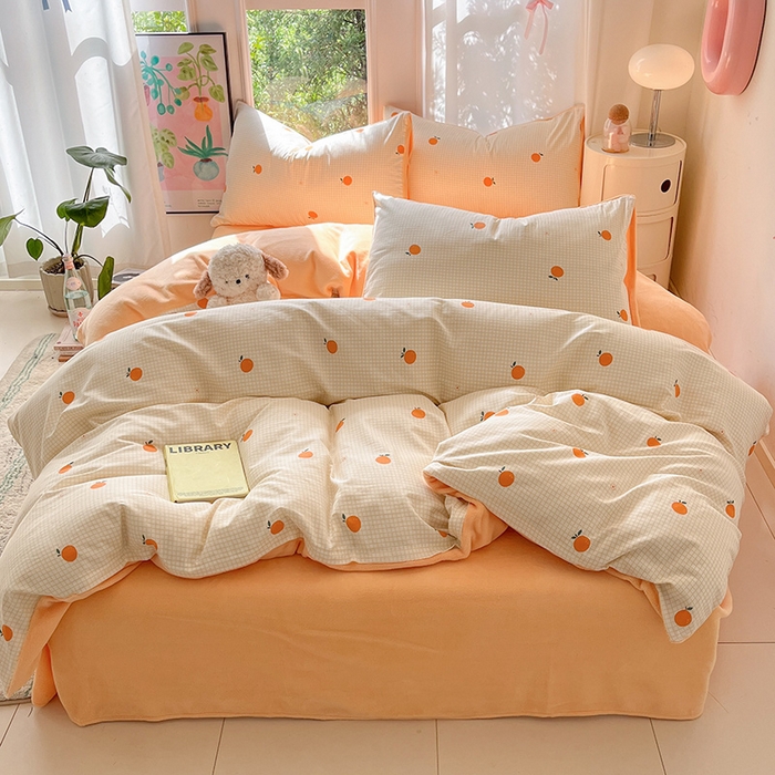 91家纺网 家纺一手货源 找家纺 瑞莱 2025新款秋冬网红款棉加绒四件套 橘子黄了