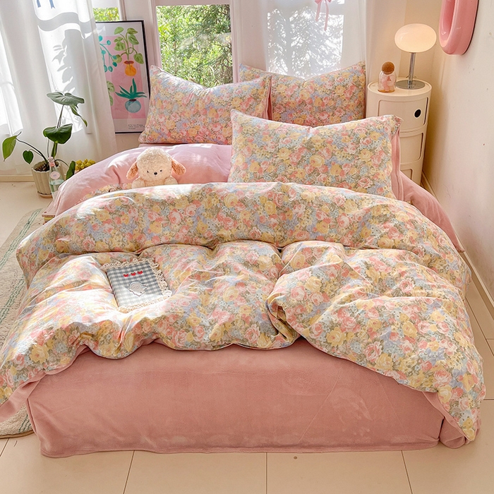 91家纺网 家纺一手货源 找家纺 瑞莱 2025新款秋冬网红款棉加绒四件套 棉绒花海