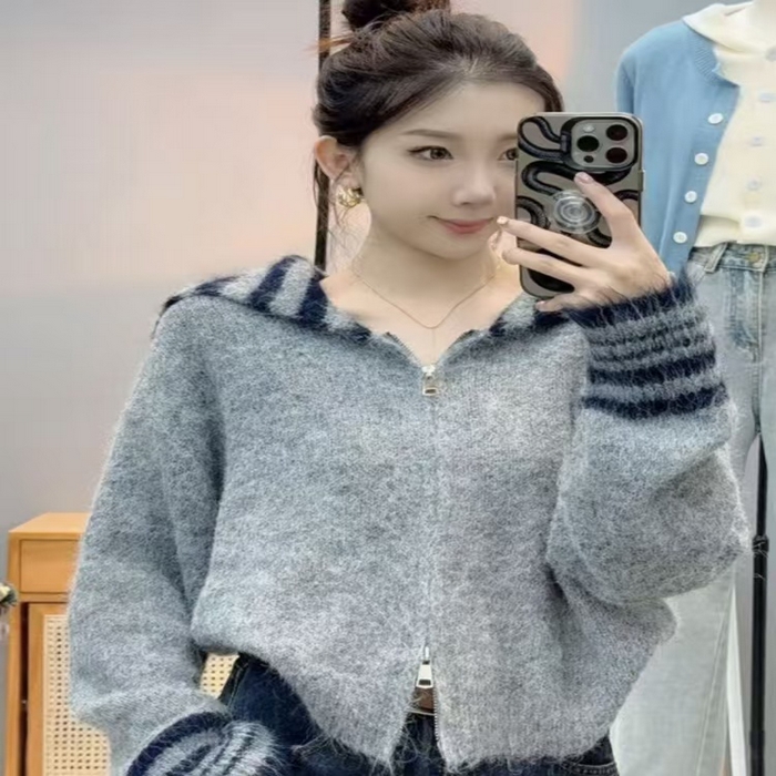 91家纺网 家纺一手货源 找家纺 （总）洛兰沙家居馆 只代发欧洲站秋季新休闲款毛衣外套大领修身型扣宽松软糯针织开衫