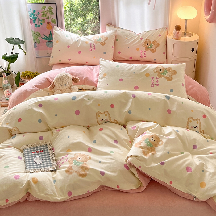 91家纺网 家纺一手货源 找家纺 瑞莱 2025新款秋冬网红款棉加绒四件套 波点小狗