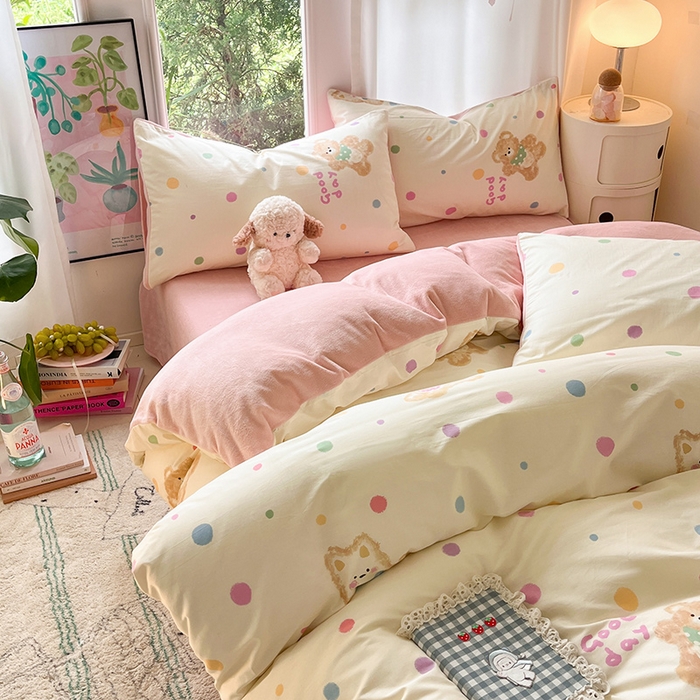 91家纺网 家纺一手货源 找家纺 瑞莱 2025新款秋冬网红款棉加绒四件套 波点小狗