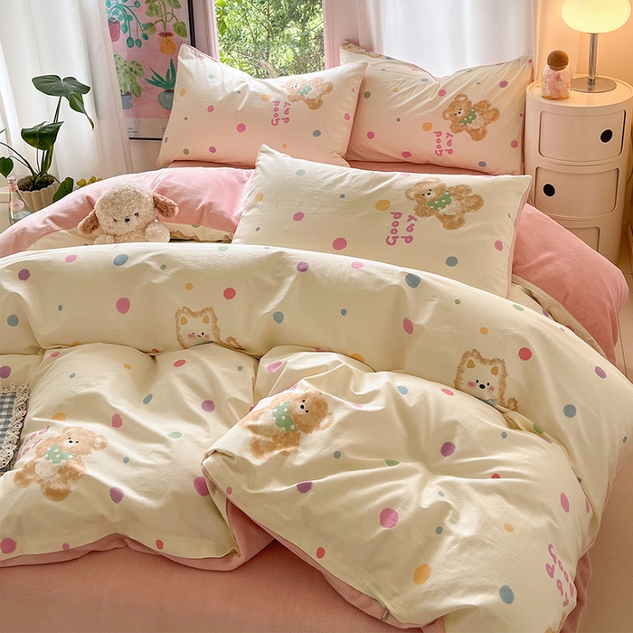 91家纺网 家纺一手货源 找家纺 瑞莱 2025新款秋冬网红款棉加绒四件套 波点小狗