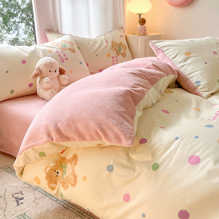 91家纺网 家纺一手货源 找家纺 瑞莱 2025新款秋冬网红款棉加绒四件套 波点小狗