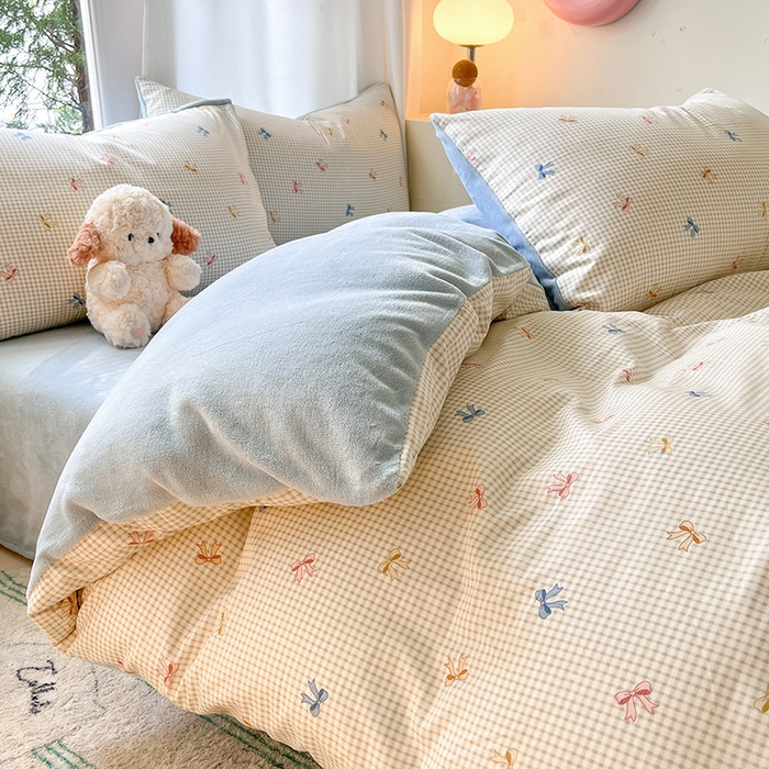 91家纺网 家纺一手货源 找家纺 瑞莱 2025新款秋冬网红款棉加绒四件套 简约蝴蝶结