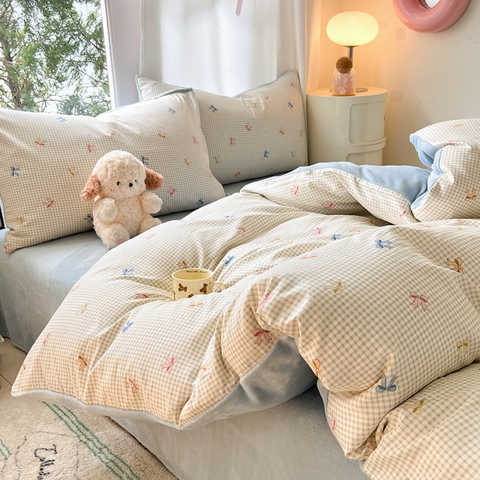 91家纺网 家纺一手货源 找家纺 瑞莱 2025新款秋冬网红款棉加绒四件套 简约蝴蝶结