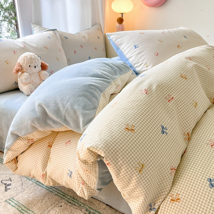 91家纺网 家纺一手货源 找家纺 瑞莱 2025新款秋冬网红款棉加绒四件套 简约蝴蝶结