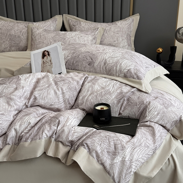 91家纺网 家纺一手货源 找家纺 乐蔻家纺 2025新款全棉拼边陶瓷生态磨毛四件套 倾语 灰