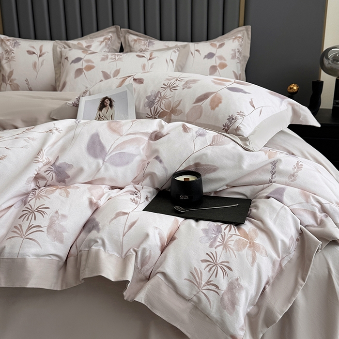 91家纺网 家纺一手货源 找家纺 乐蔻家纺 2025新款全棉拼边陶瓷生态磨毛四件套 浅梦 米驼