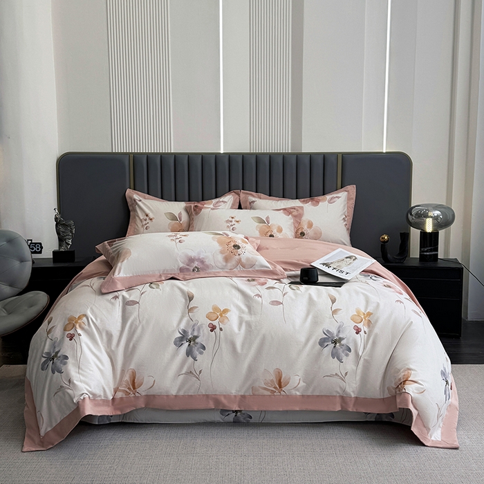 乐蔻家纺 2025新款全棉拼边陶瓷生态磨毛四件套 花蔓