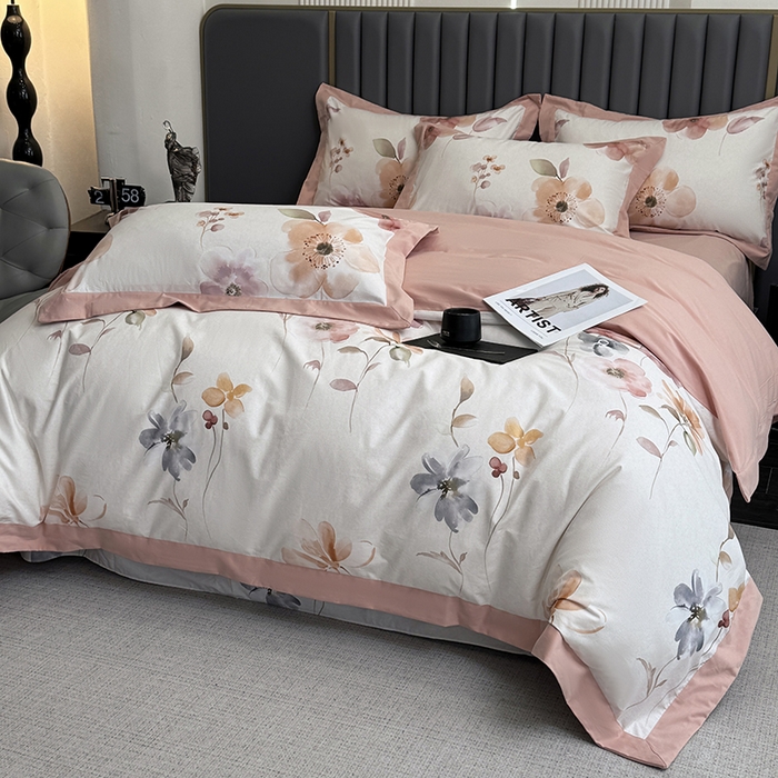 91家纺网 家纺一手货源 找家纺 乐蔻家纺 2025新款全棉拼边陶瓷生态磨毛四件套 花蔓