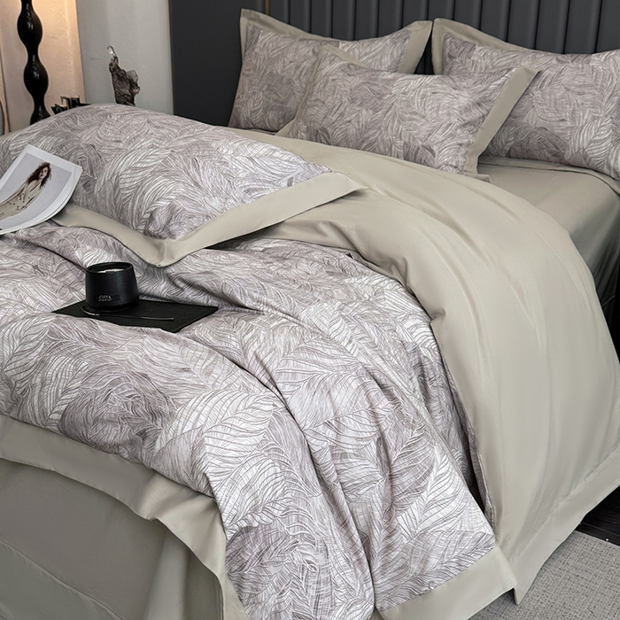 91家纺网 家纺一手货源 找家纺 乐蔻家纺 2025新款全棉拼边陶瓷生态磨毛四件套 倾语 灰