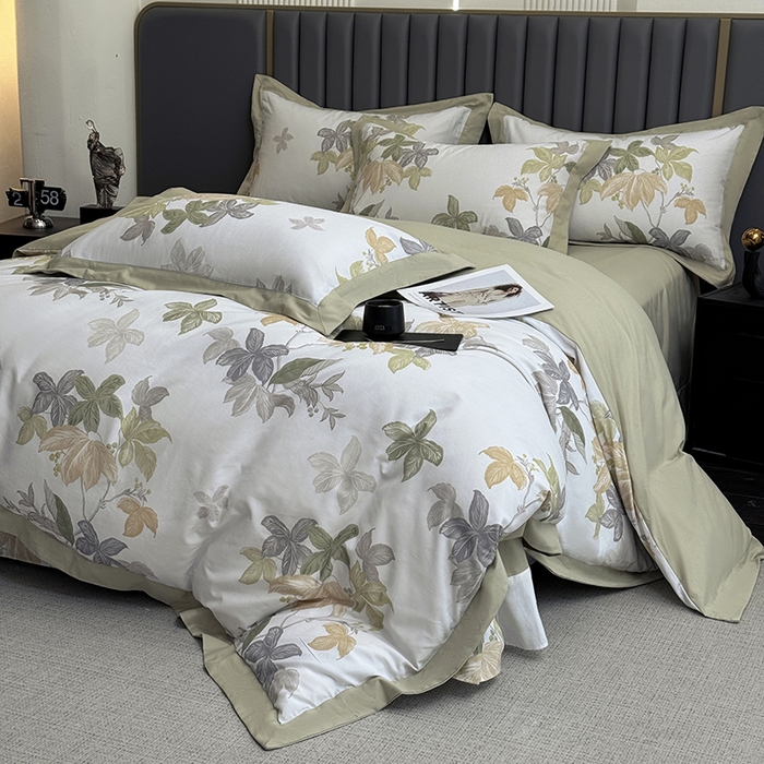 91家纺网 家纺一手货源 找家纺 乐蔻家纺 2025新款全棉拼边陶瓷生态磨毛四件套 叶迹  绿