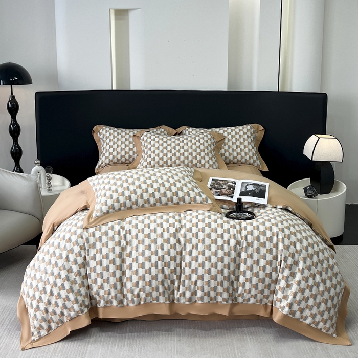 乐蔻家纺 2025新款全棉拼边陶瓷生态磨毛四件套 格意