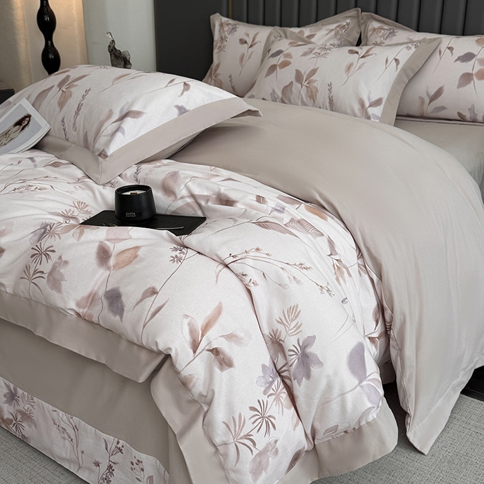 91家纺网 家纺一手货源 找家纺 乐蔻家纺 2025新款全棉拼边陶瓷生态磨毛四件套 浅梦 米驼