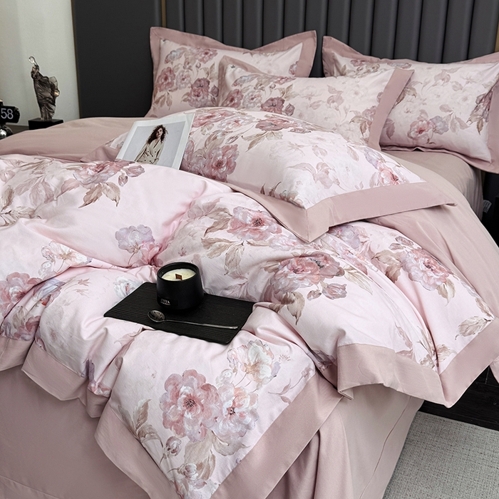 91家纺网 家纺一手货源 找家纺 乐蔻家纺 2025新款全棉拼边陶瓷生态磨毛四件套 柔黛 豆沙