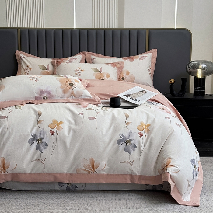 91家纺网 家纺一手货源 找家纺 乐蔻家纺 2025新款全棉拼边陶瓷生态磨毛四件套 花蔓