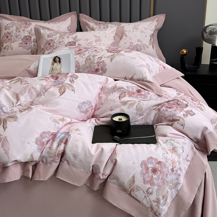 91家纺网 家纺一手货源 找家纺 乐蔻家纺 2025新款全棉拼边陶瓷生态磨毛四件套 柔黛 豆沙