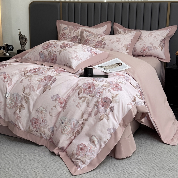 91家纺网 家纺一手货源 找家纺 乐蔻家纺 2025新款全棉拼边陶瓷生态磨毛四件套 柔黛 豆沙