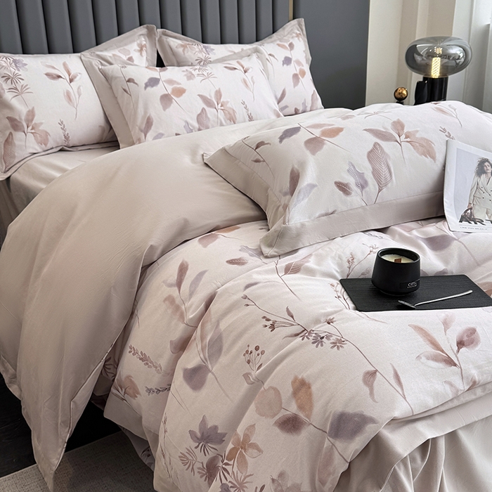 91家纺网 家纺一手货源 找家纺 乐蔻家纺 2025新款全棉拼边陶瓷生态磨毛四件套 浅梦 米驼