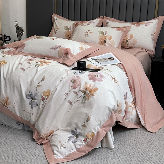 91家纺网 家纺一手货源 找家纺 乐蔻家纺 2025新款全棉拼边陶瓷生态磨毛四件套 花蔓