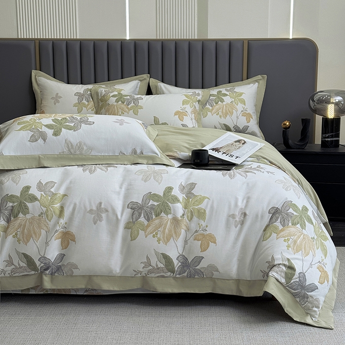 91家纺网 家纺一手货源 找家纺 乐蔻家纺 2025新款全棉拼边陶瓷生态磨毛四件套 叶迹  绿