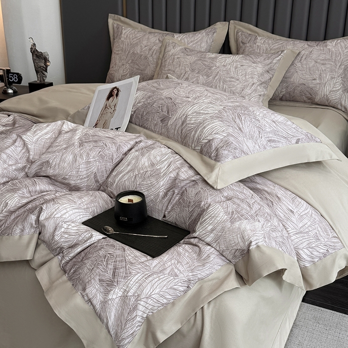 91家纺网 家纺一手货源 找家纺 乐蔻家纺 2025新款全棉拼边陶瓷生态磨毛四件套 倾语 灰