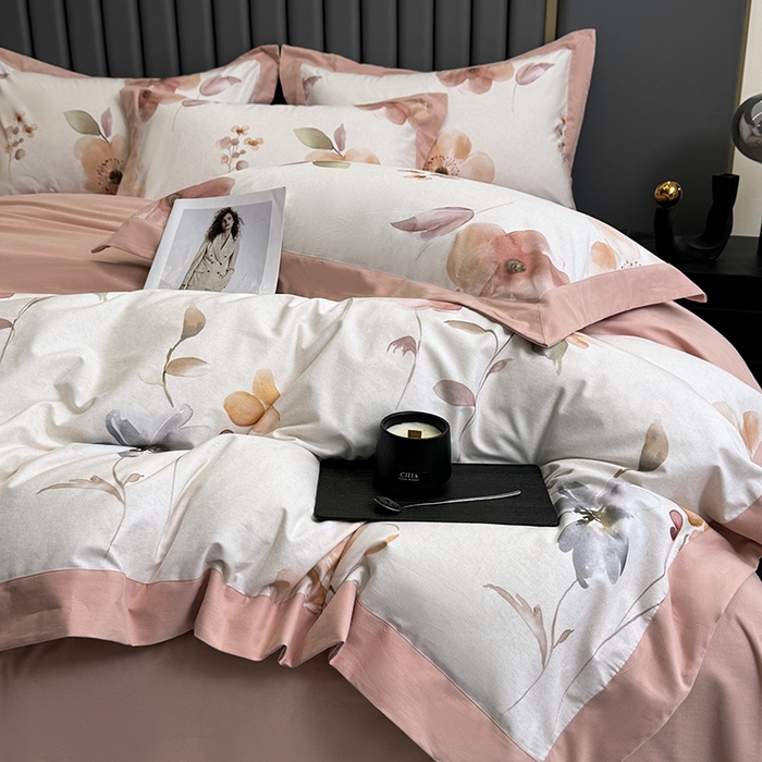 91家纺网 家纺一手货源 找家纺 乐蔻家纺 2025新款全棉拼边陶瓷生态磨毛四件套 花蔓