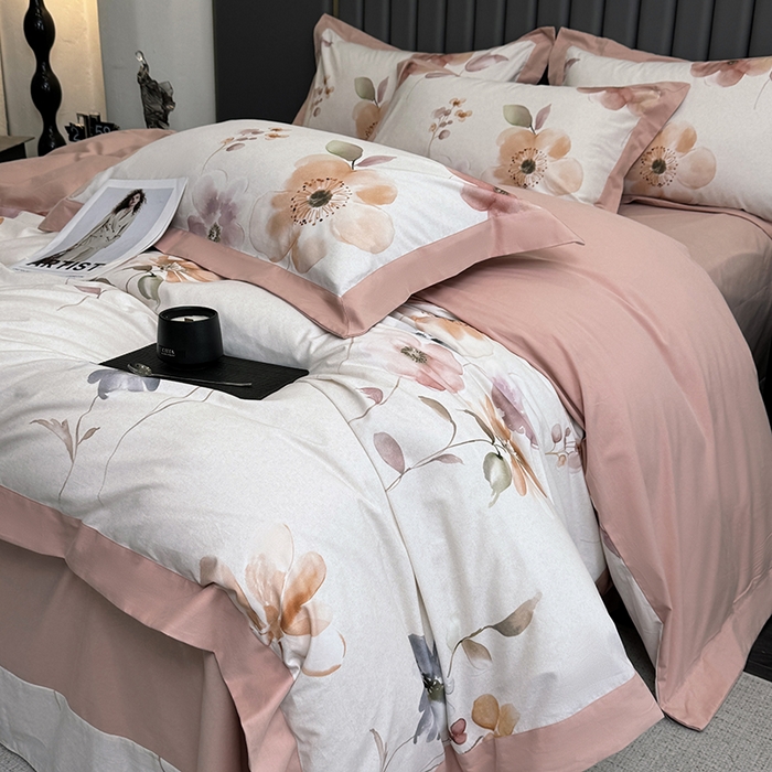 91家纺网 家纺一手货源 找家纺 乐蔻家纺 2025新款全棉拼边陶瓷生态磨毛四件套 花蔓