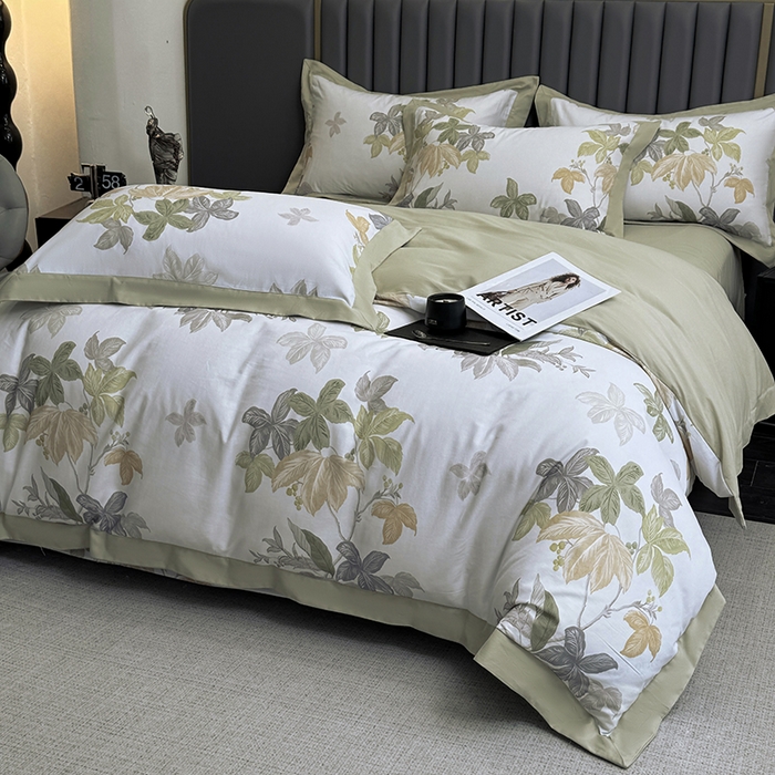 91家纺网 家纺一手货源 找家纺 乐蔻家纺 2025新款全棉拼边陶瓷生态磨毛四件套 叶迹  绿