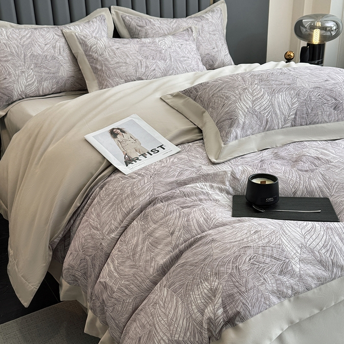 91家纺网 家纺一手货源 找家纺 乐蔻家纺 2025新款全棉拼边陶瓷生态磨毛四件套 倾语 灰