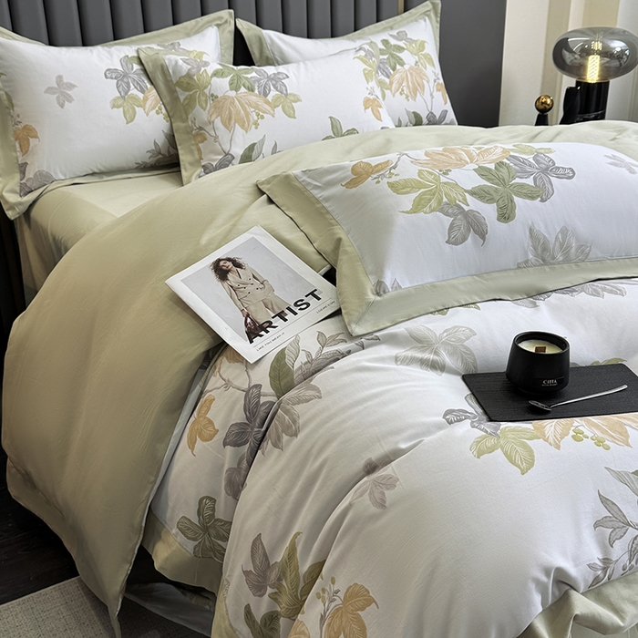 91家纺网 家纺一手货源 找家纺 乐蔻家纺 2025新款全棉拼边陶瓷生态磨毛四件套 叶迹  绿