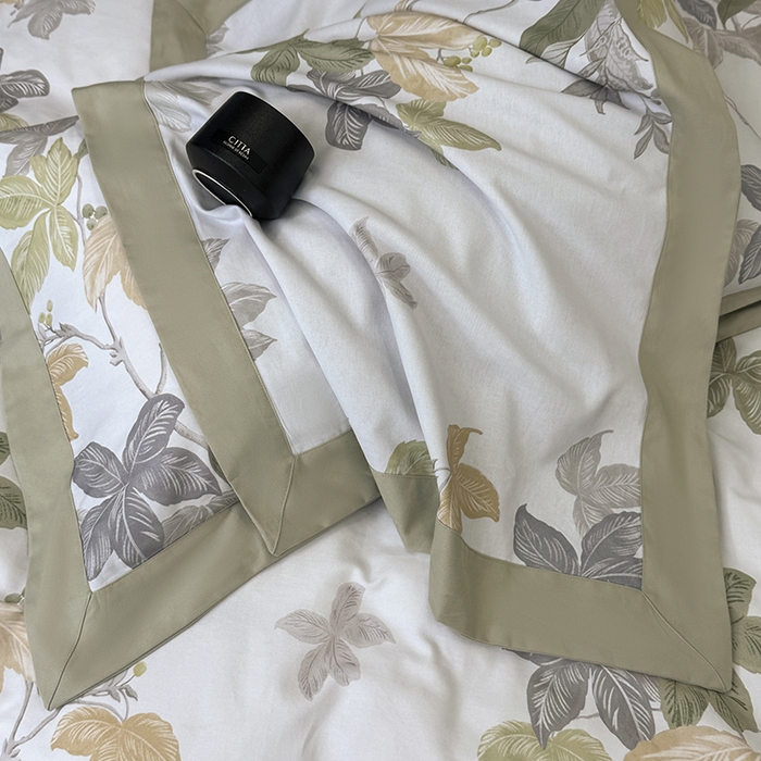 91家纺网 家纺一手货源 找家纺 乐蔻家纺 2025新款全棉拼边陶瓷生态磨毛四件套 叶迹  绿