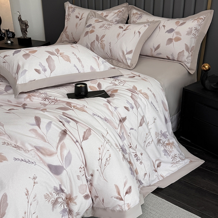 91家纺网 家纺一手货源 找家纺 乐蔻家纺 2025新款全棉拼边陶瓷生态磨毛四件套 浅梦 米驼