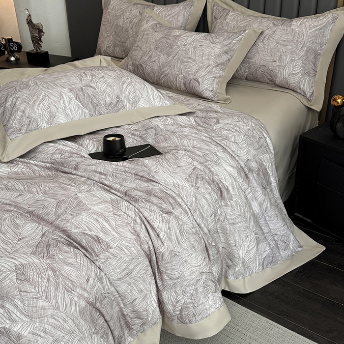 91家纺网 家纺一手货源 找家纺 乐蔻家纺 2025新款全棉拼边陶瓷生态磨毛四件套 倾语 灰