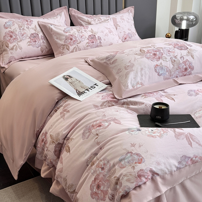 91家纺网 家纺一手货源 找家纺 乐蔻家纺 2025新款全棉拼边陶瓷生态磨毛四件套 柔黛 豆沙