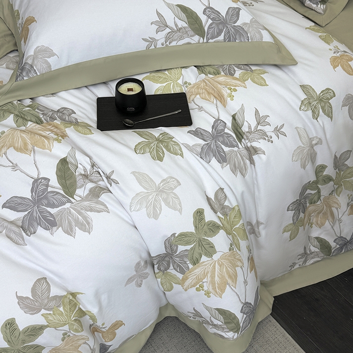 91家纺网 家纺一手货源 找家纺 乐蔻家纺 2025新款全棉拼边陶瓷生态磨毛四件套 叶迹  绿