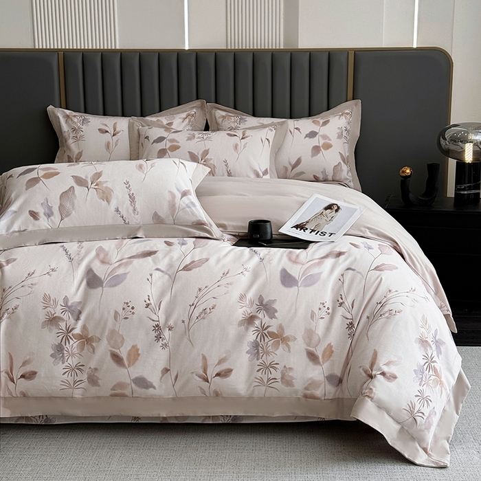 91家纺网 家纺一手货源 找家纺 乐蔻家纺 2025新款全棉拼边陶瓷生态磨毛四件套 浅梦 米驼