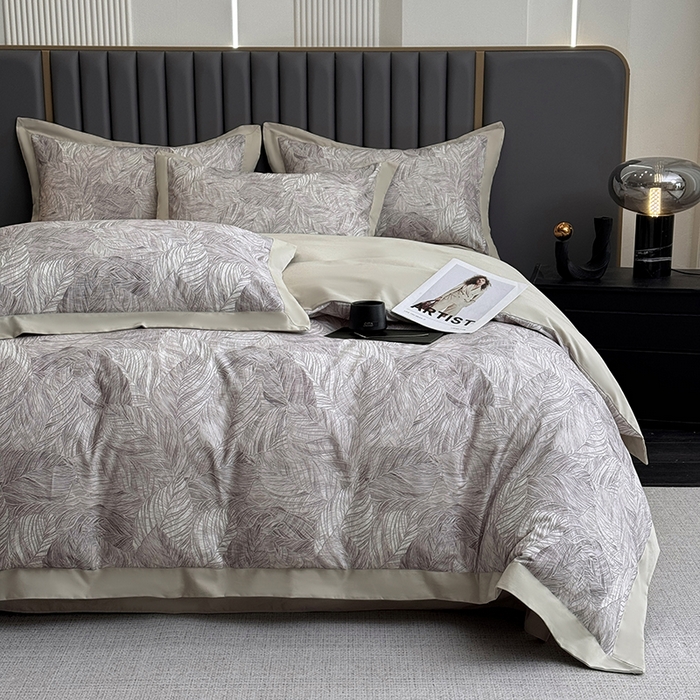 91家纺网 家纺一手货源 找家纺 乐蔻家纺 2025新款全棉拼边陶瓷生态磨毛四件套 倾语 灰