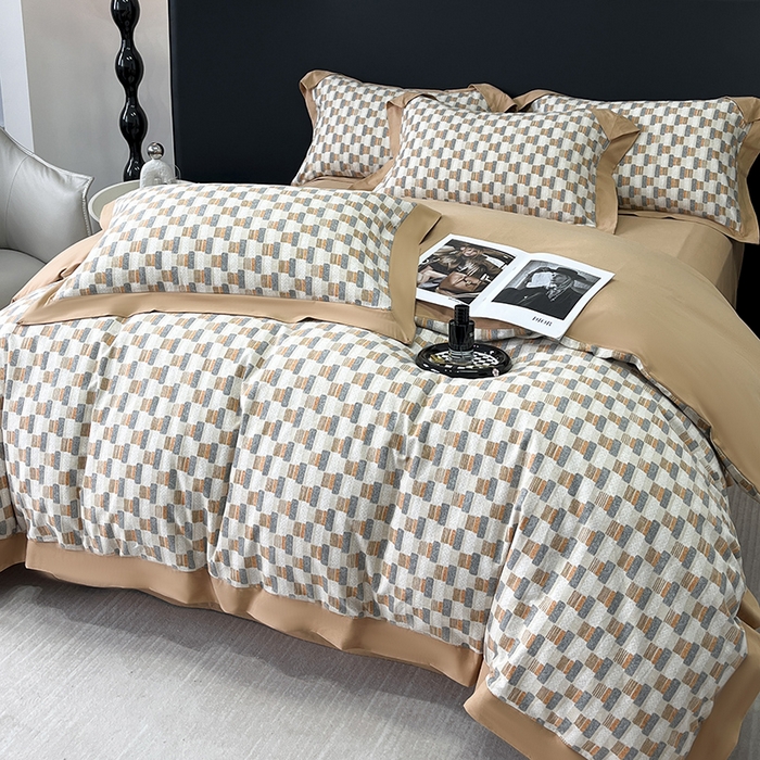 91家纺网 家纺一手货源 找家纺 乐蔻家纺 2025新款全棉拼边陶瓷生态磨毛四件套 格意