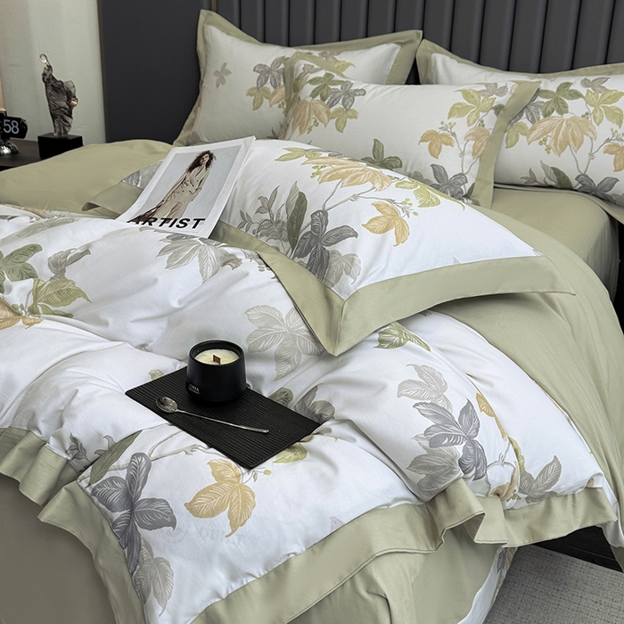 91家纺网 家纺一手货源 找家纺 乐蔻家纺 2025新款全棉拼边陶瓷生态磨毛四件套 叶迹  绿