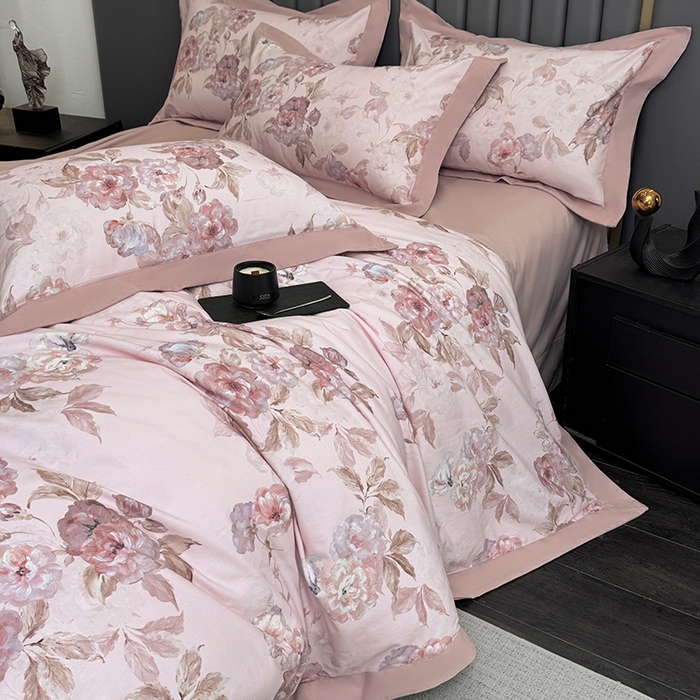 91家纺网 家纺一手货源 找家纺 乐蔻家纺 2025新款全棉拼边陶瓷生态磨毛四件套 柔黛 豆沙