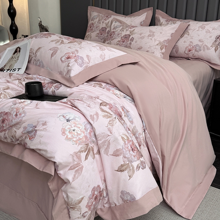 91家纺网 家纺一手货源 找家纺 乐蔻家纺 2025新款全棉拼边陶瓷生态磨毛四件套 柔黛 豆沙