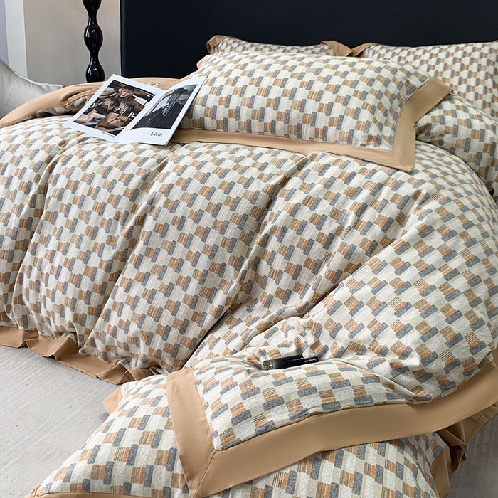 91家纺网 家纺一手货源 找家纺 乐蔻家纺 2025新款全棉拼边陶瓷生态磨毛四件套 格意